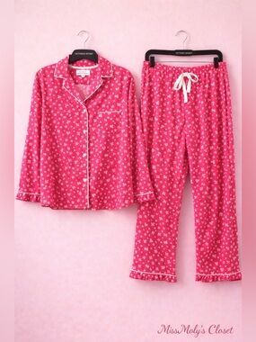 Y2K Victoria’s Secret Pink Pajama Set Hearts Stars VS Logo Medium Short